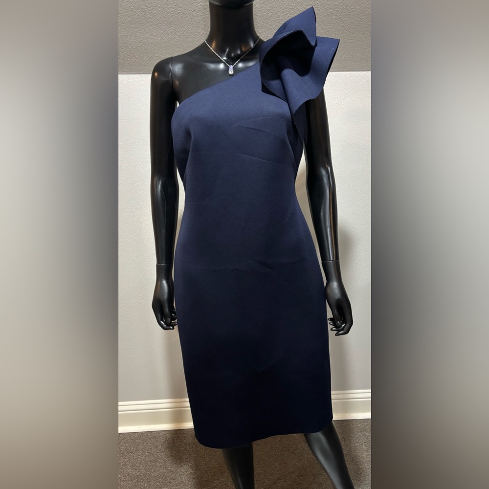 Eliza J navy blue One Shoulder Ruffle Scuba Crepe Cocktail evening Dress 10